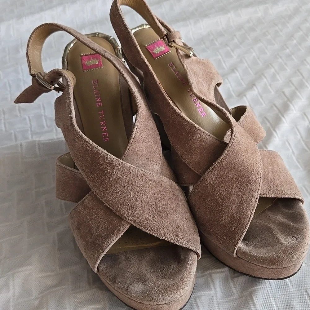 Elaine Turner Women's Tan Suede Wedge Sandals Summer Shoes